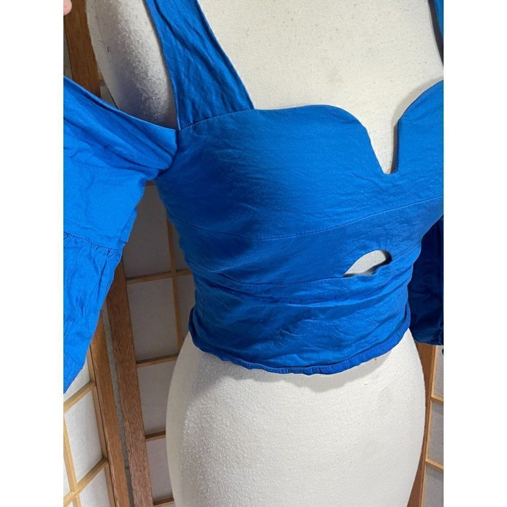 Nicole Miller Artelier Off Shoulder Crop Top Blue Cutout Women's Small